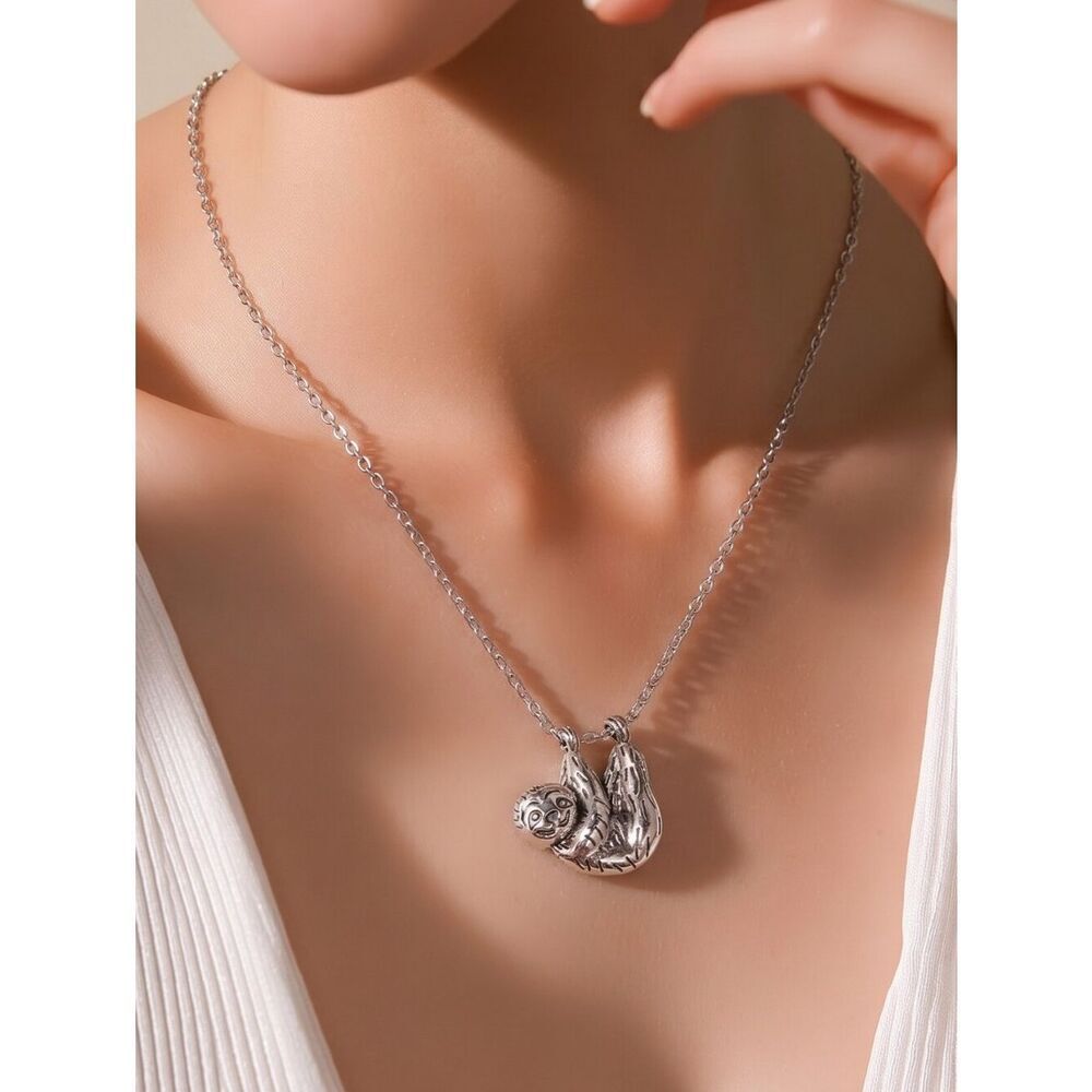 Smiling Sloth Pendant Necklace Antique Silver Dainty Chain Cute Animal Jewelry